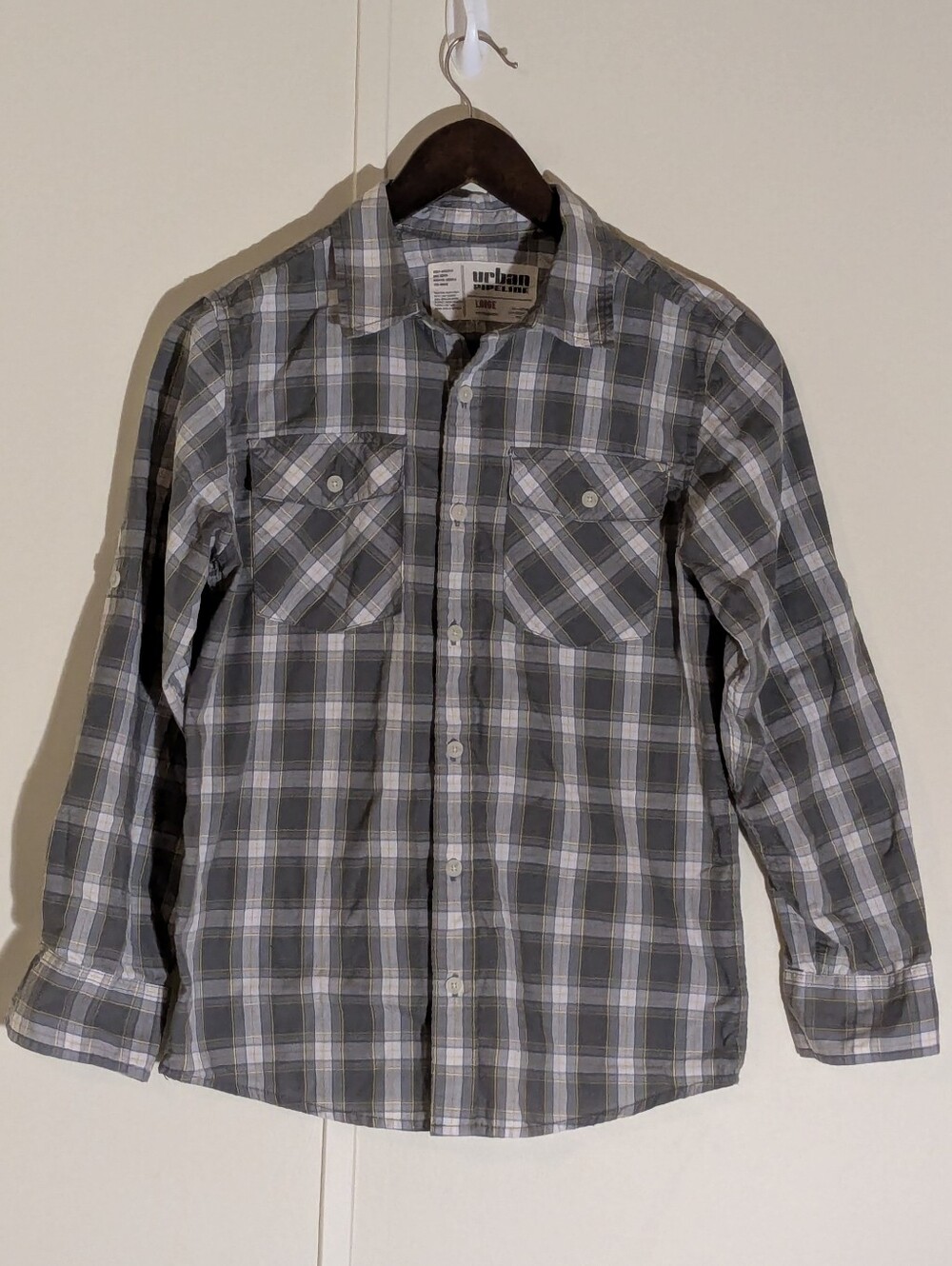 urban pipeline Boy's Large Gray Plaid Button-Down Shirt